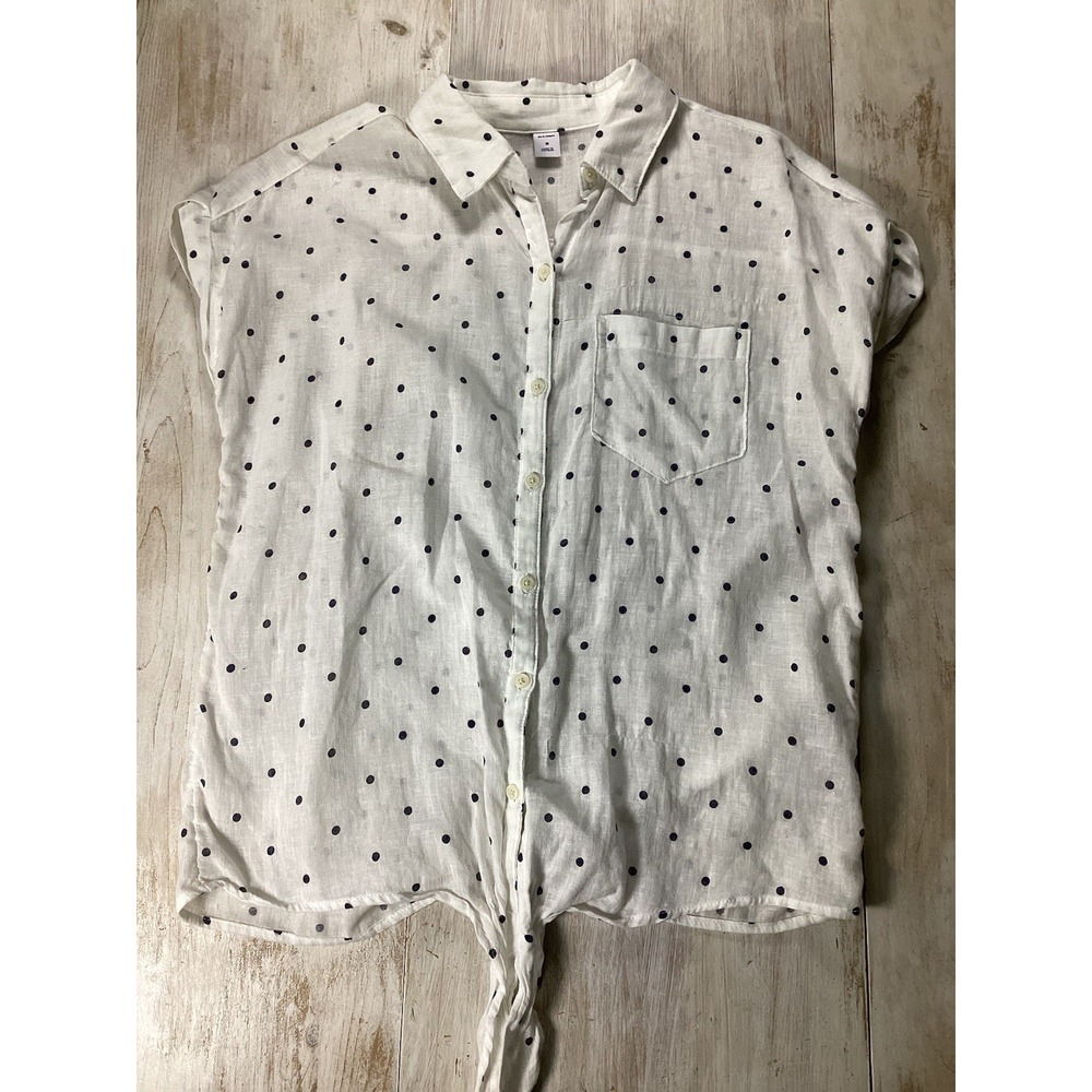 White Polka Dot Sheer Linen Blend Top With Front Tie Women's Medium
